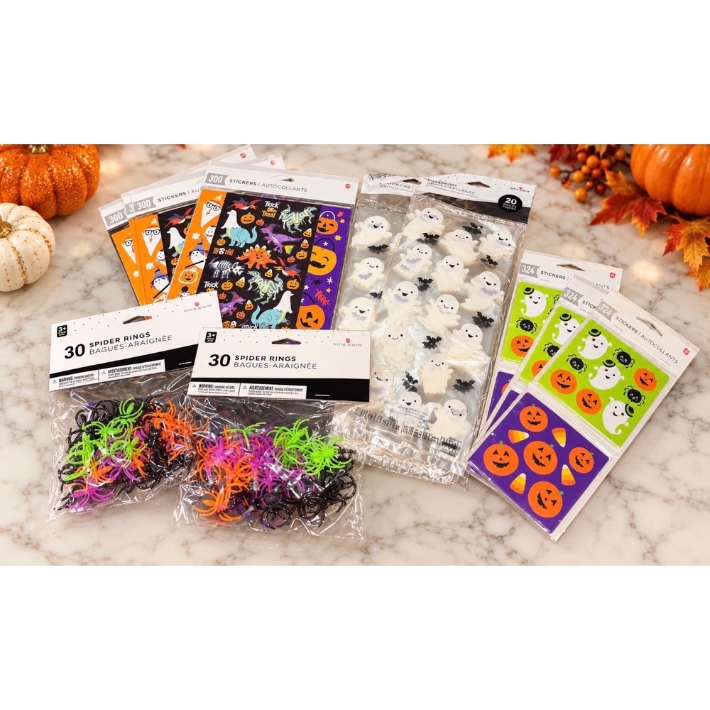 Halloween Party Favor Bundle Treat Bags, Spider Rings, Stickers Class Party